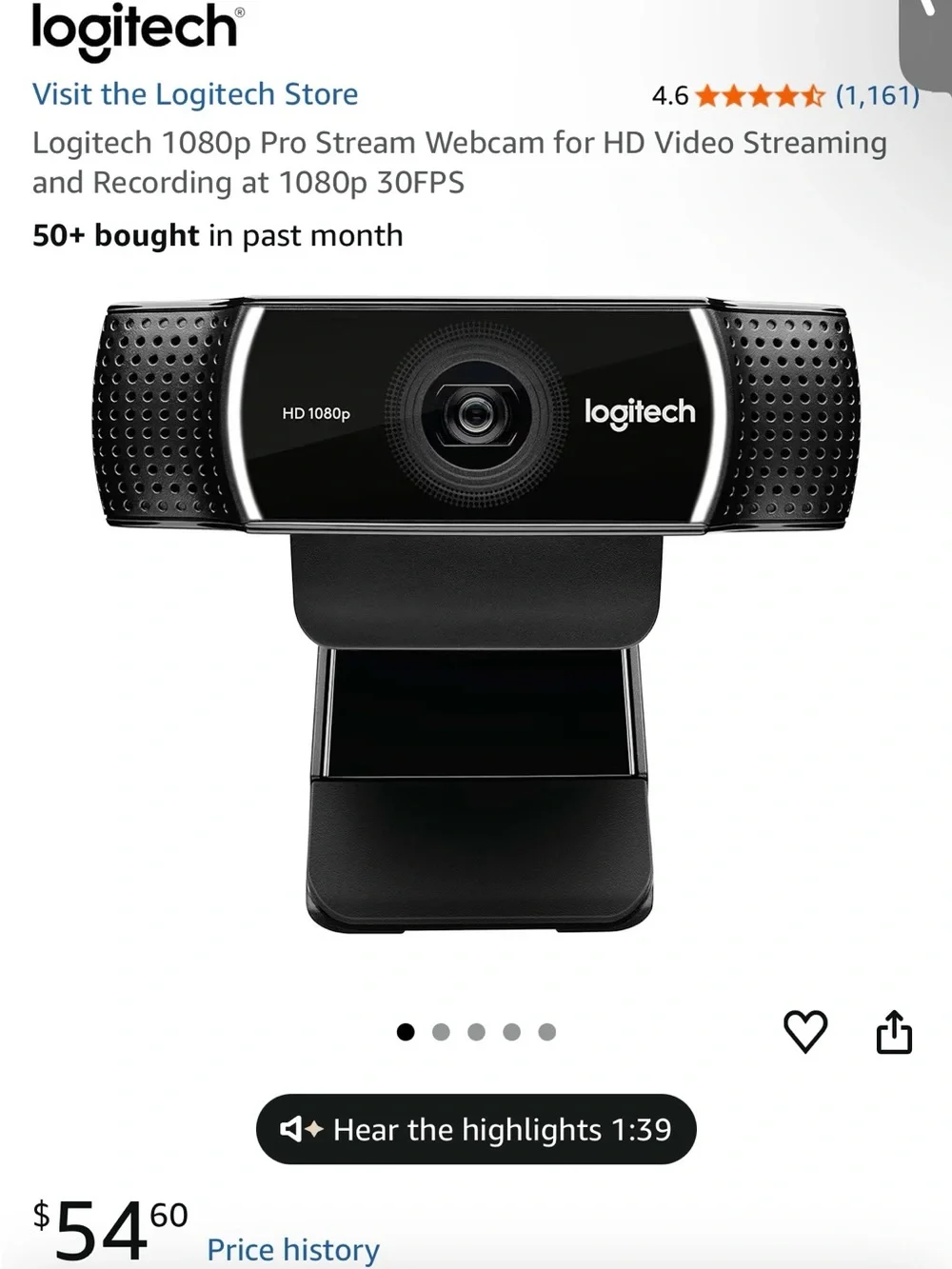 Logitech 1080p Pro Stream Webcam for HD Video Streaming & Recording New Unopened